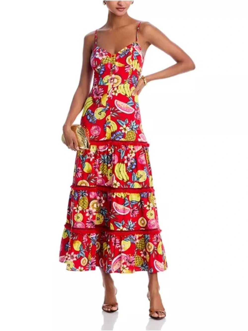 Aqua Red Tropical Fruit Tiered Maxi Dress